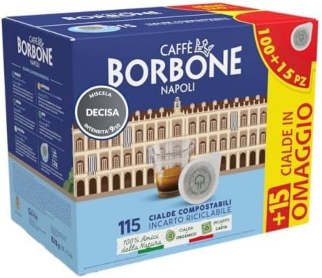 Caffe Miscela Decisa Cialde Compostabili con Incarto Riciclabile 100 Cialde +15 in Omaggio per borbone 828g